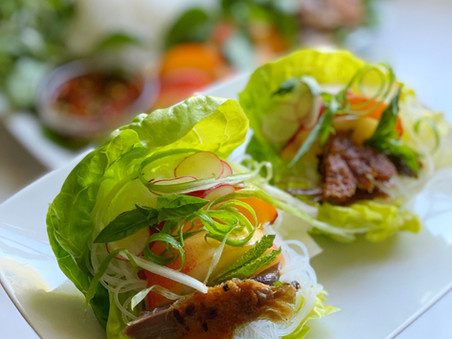 Duck & Rice Noodle Cups with Peaches & Mint
