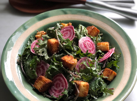 Kale Caesar Salad with Candy Cane Beets and Parmesan-Brioche Croutons