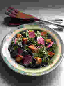 Kale Caesar Salad with Candy Cane Beets