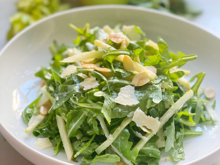 Salad of Baby Arugula, Parmesan, Apples, Celery & Toasted Almonds in a Lemon Vinaigrette