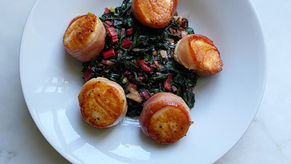 Prosciutto-wrapped Sea Scallops with Sautéed Swiss Chard