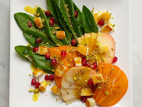 Salad of Persimmon, Apple & Dandelion Greens with Halloumi Croutons and Turmeric-Cider Vinaigrette