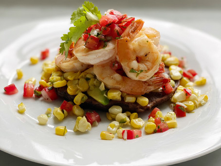 Tequila Shrimp with Lime Butter Corn and Black Bean Cakes