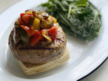 Chèvre-Stuffed Lamb Burgers with Ratatouille
