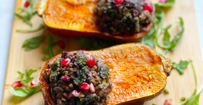 Stuffed Honeynut Squash with Lamb, Dates & Carrot Top Pesto