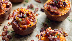 Twice-Baked Sweet Potatoes with a Candied Bacon-Pecan Crumb