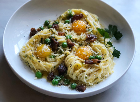 Carbonara Nests with Quail Eggs & Lardons