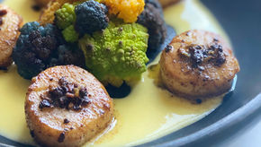 Brown Butter Sea Scallops with a Meyer Lemon Sauce & Pistachio-Fennel Gremolata