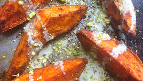 Roasted Sweet Potatoes with Pistachio Dukkah & Tahini