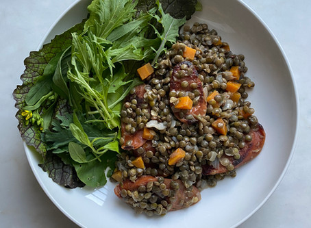Smoked Duck Sausage with Warm French Lentil Salad