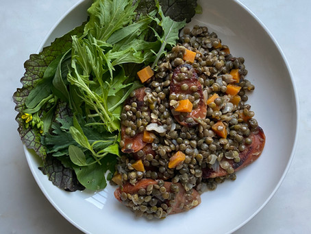 Smoked Duck Sausage with Warm French Lentil Salad