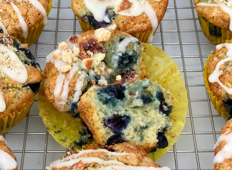Blueberry Muffins with Maple Glaze and Bacon Streusel