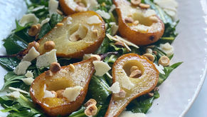 Roasted Pear Salad with Dandelion Greens, Parmesan, Toasted Hazelnuts, & Maple-Balsamic Vinaigrette