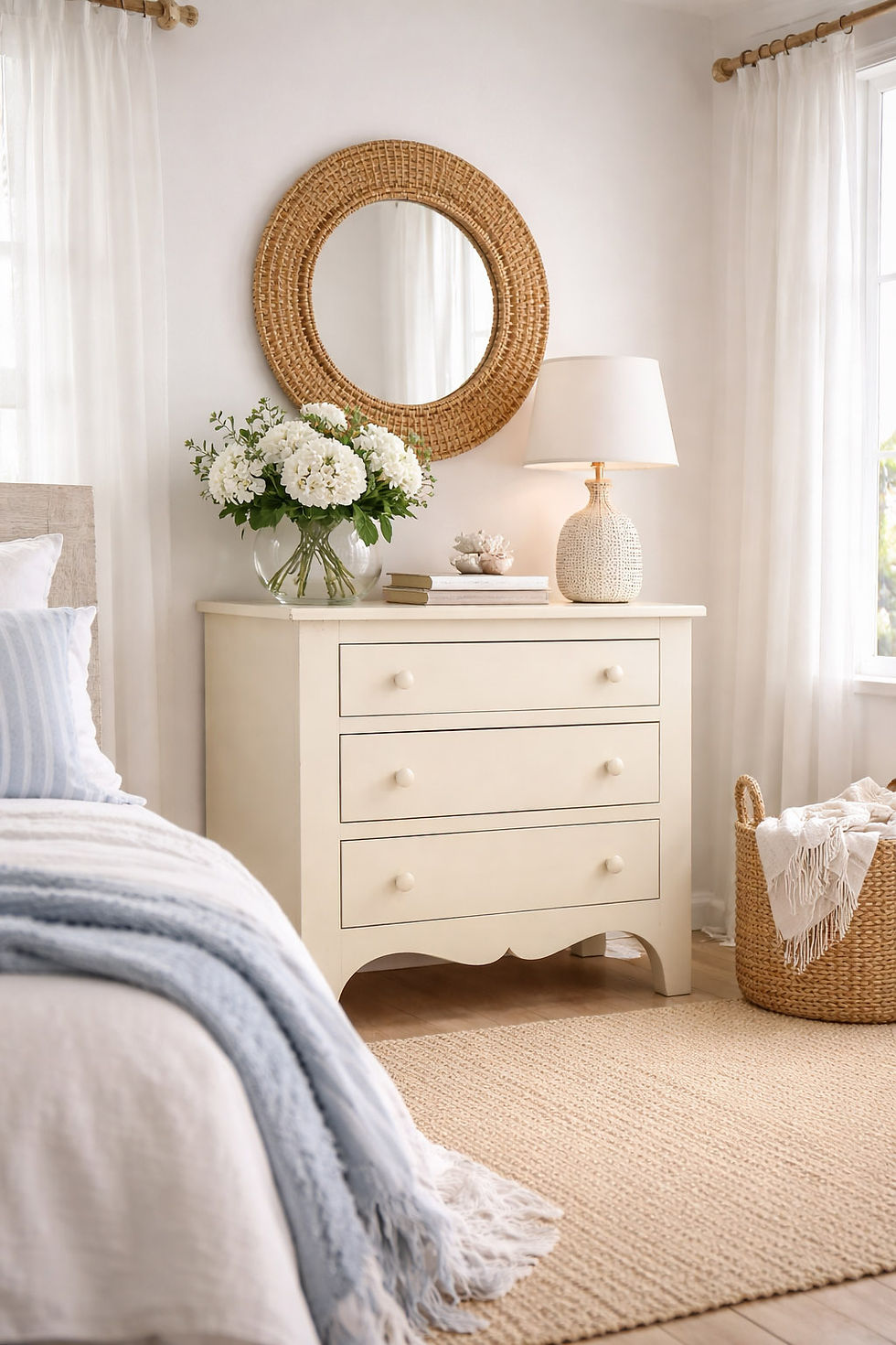 Eye-level view of a cozy living room with soft pastel cottage furniture
