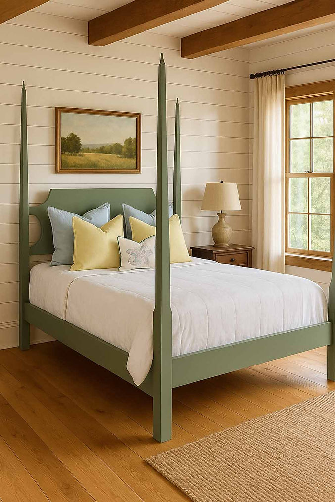 Green Pencil Post Bed styled in a farmhouse bedroom