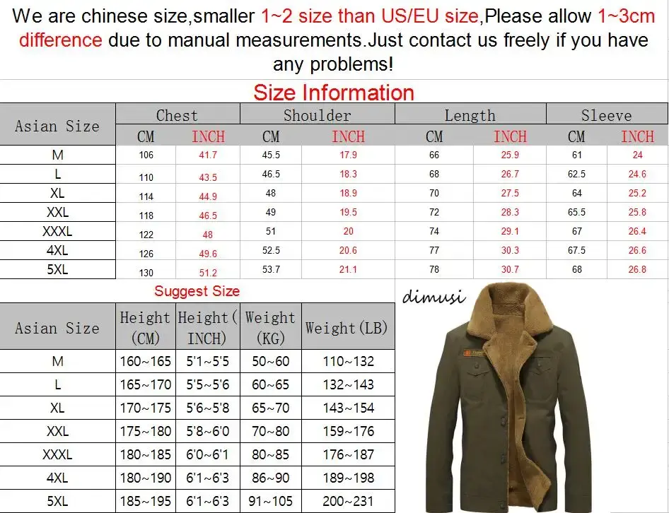 Thumbnail: DIMUSI jacket size chart for men, including measurements and height/weight.