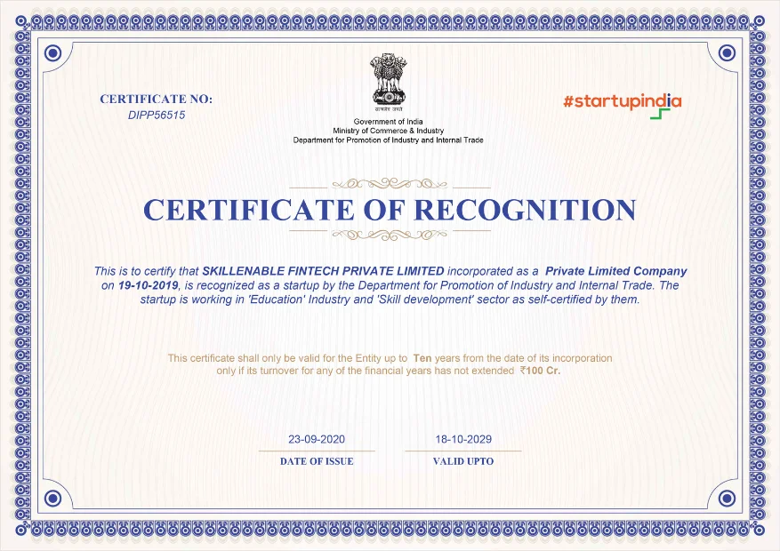 Start Up India Certificate - SkillEnable.webp