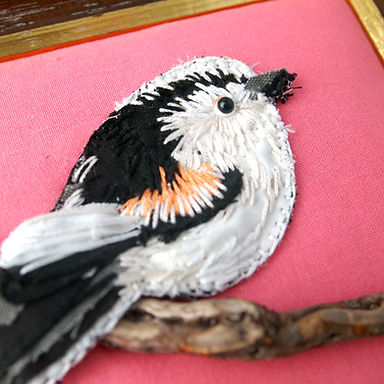 long tailed tit bird appliqué embroidery textile art