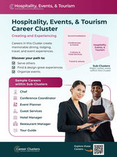 Pink poster with the title of the Career Cluster, a Sub-Cluster graphic, a list of careers, and a photo of working professionals.