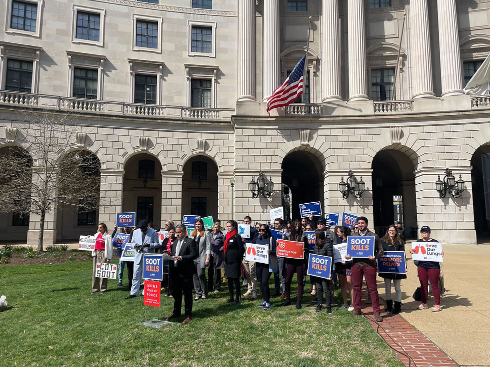 Photo of public health, environmental justice, and environmental advocates gathered outside EPA HQ in Washington, DC demanding strong soot protections.