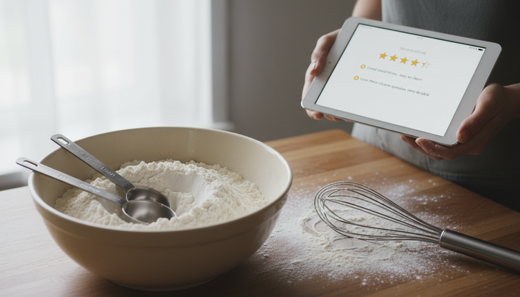 Close-up of hands reading kitchen product reviews on a tablet beside a ceramic mixing bowl