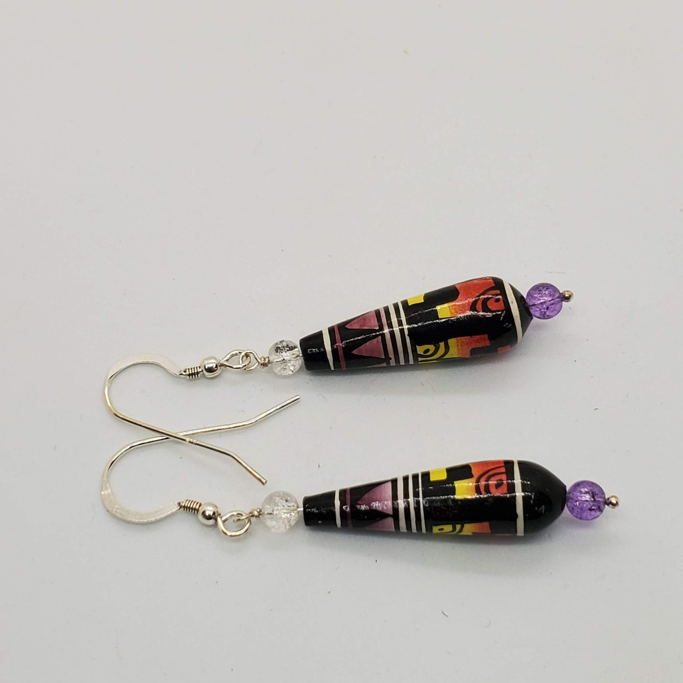 Long Peruvian Bead Earrings, purple orange and yellow