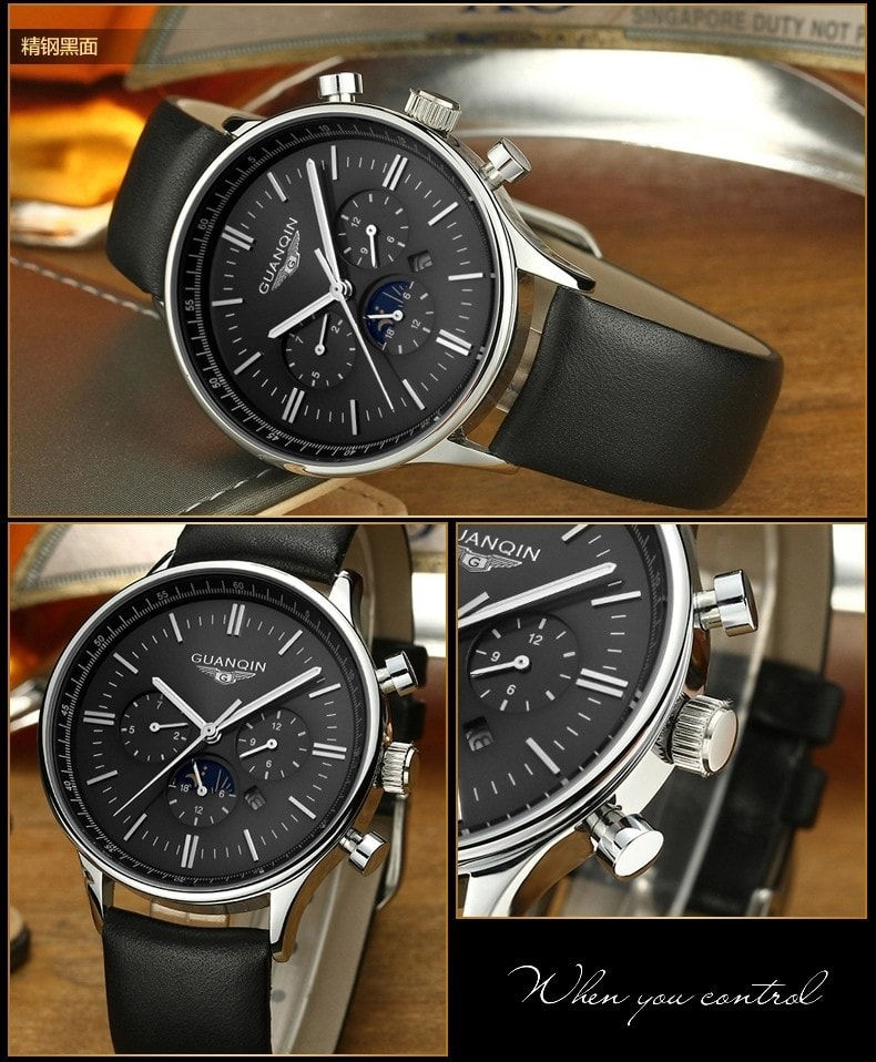 Миниатюра: Мужские часы ТОП бренд класса люкс GUANQIN натуральная кожа silver black