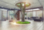 Interno moderno con albero integrato, stile minimal, e illuminazione a LED