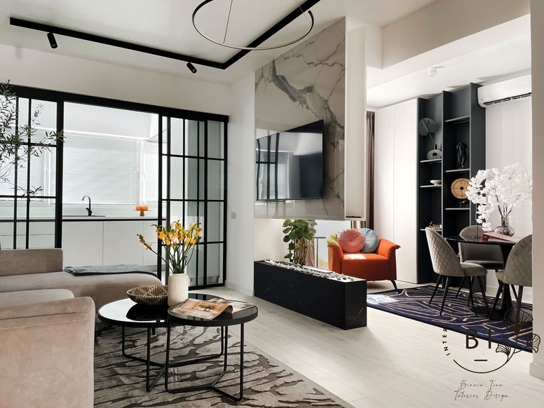 Living si dining modern cu semineu