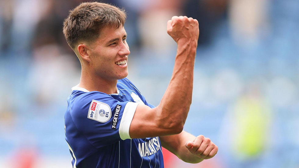 Vice-captain of Cardiff City Rubin Colwill celebrating at the Cardiff City Stadium