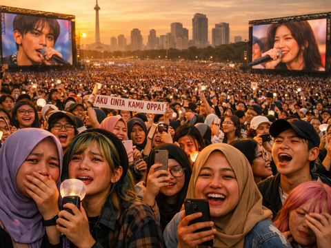 Thousands of young Indonesian fans at a large outdoor event in Jakarta, their faces illuminated by colorful lightsticks and phone screens as they react emotionally to performers.