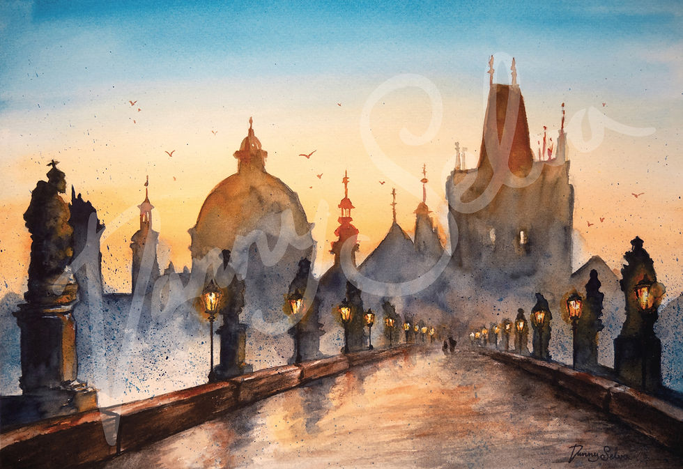 Thumbnail: Kunstdruck Karlsbrücke Prag Aquarellzeichnung (Fine Art Print)
