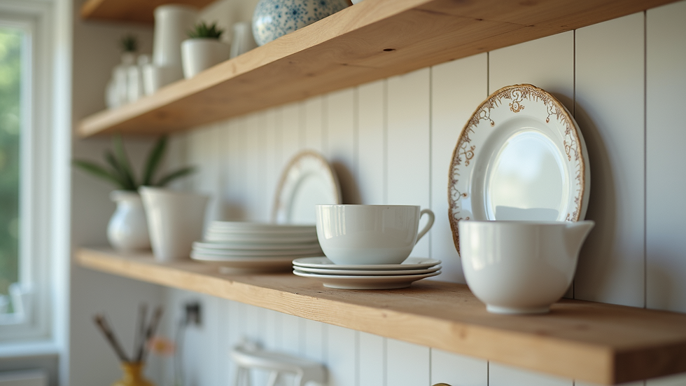 Close-up of open wooden shelves with coastal-themed crockery and glassware