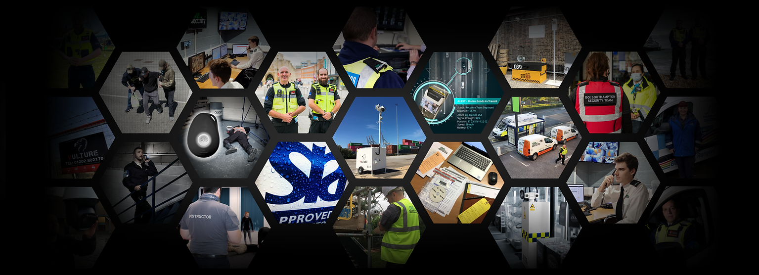 SWL Security end to end crime prevention services, hexagon pictures showing remote security, asset tracking & recovery, town centre wardens, remote monitoring centre, CCTV installation, retail security, vacant property protection, legal and civil action, evidence, crime reporting, site security, BID wardens, lone worker protection, training instructor, covert & loss prevention, guarding.