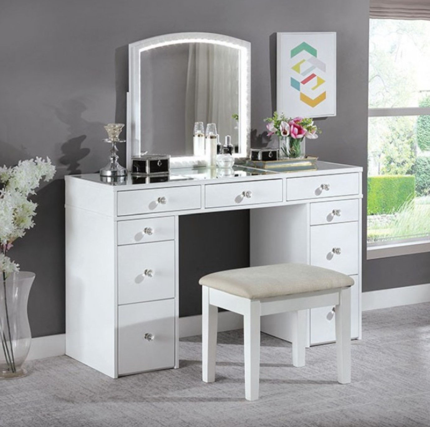 Louise White Vanity w/ Stool