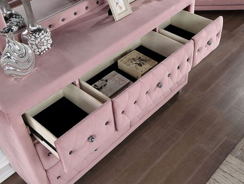 pink velvet dresser ZOHAR Glam Pink Velvet Fully Upholstered Chest by Furniture of America