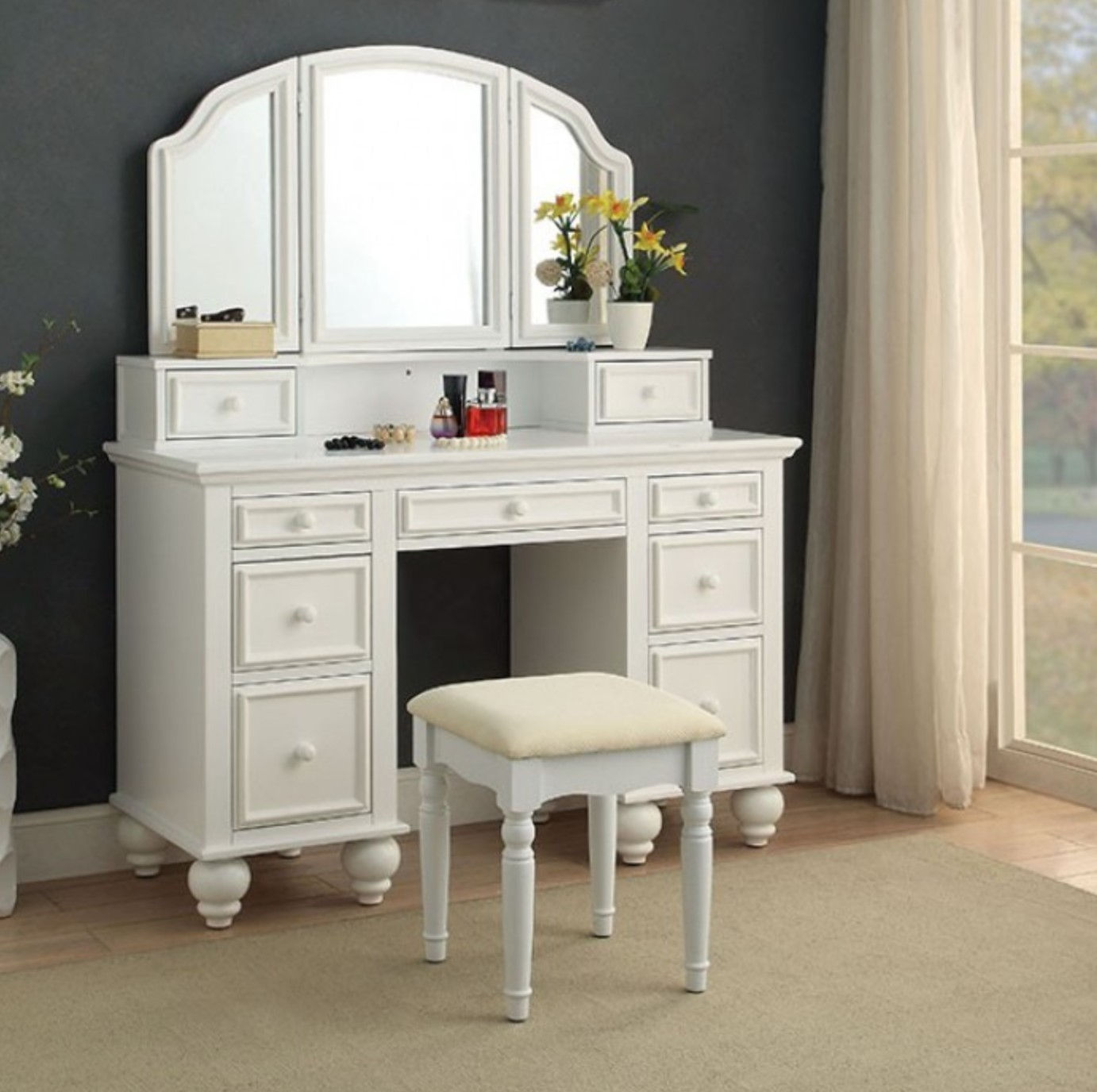 Athy White Vanity w/ Stool