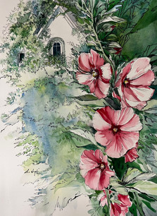 Landscape painting of pink hollyhocks in the foreground with a church in the background.