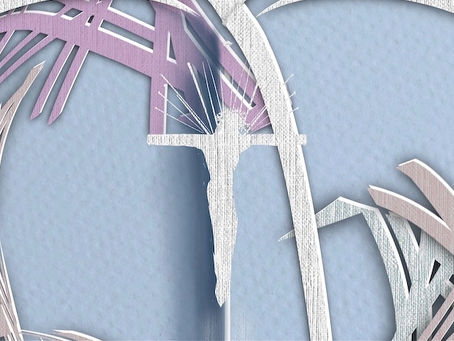 Abstract image of Jesus on the cross in pastel shades of blue, tan and pink