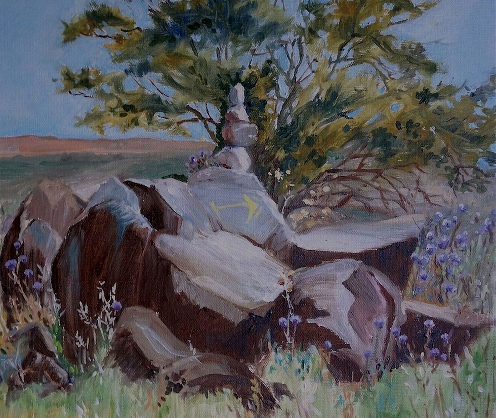Landscape oil painting of Galilean countryside with rocks and a tree by Sara Joseph