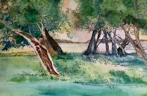 Landscape painting of trees in watercolor and ink by Sara Joseph