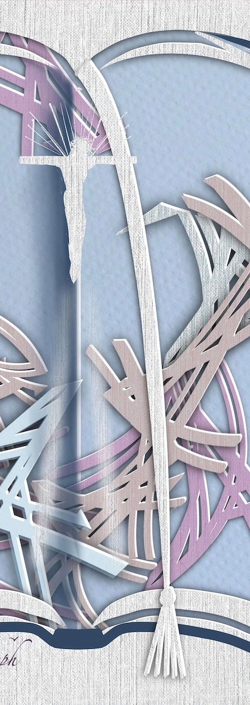 Abstract design of pastel pink, blue, and white swirls on a textured surface. A white tassel hangs in the center, creating a serene mood.