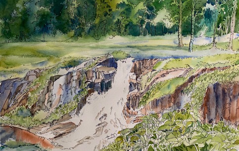 Watercolor and ink landscape painting of a waterfall with greenery and rocks by Sara Joseph