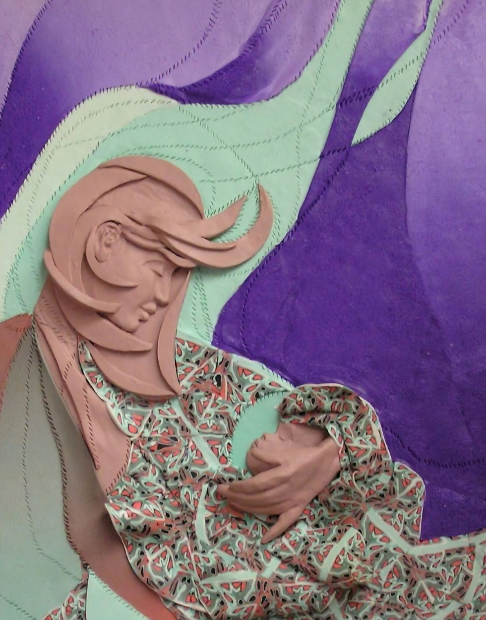 Polymer clay relief sculpture by Sara Joseph of Mary and baby Jesus