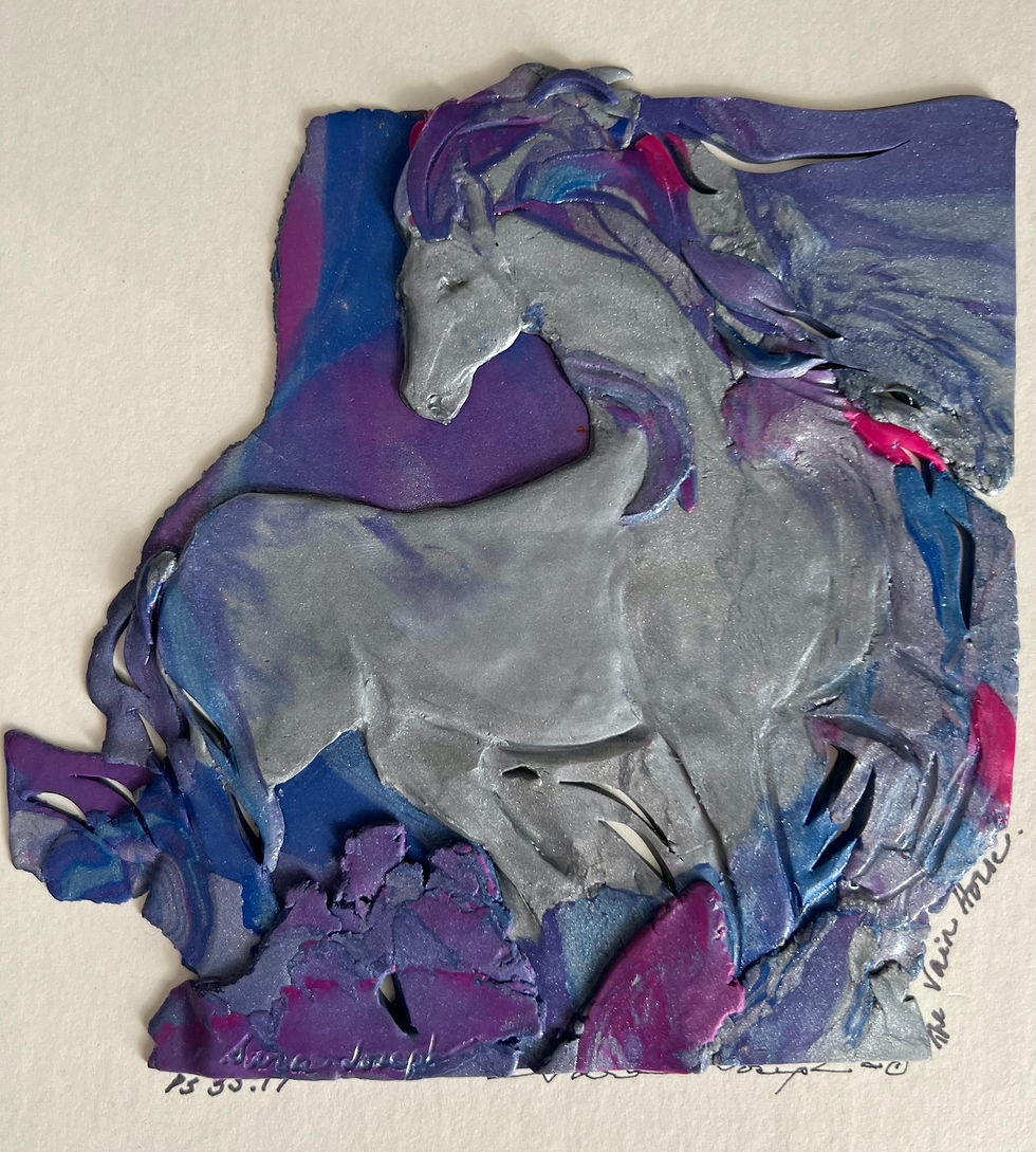 Polymer Clay Relief Sculpture of a grey and silver horse by Sara Joseph