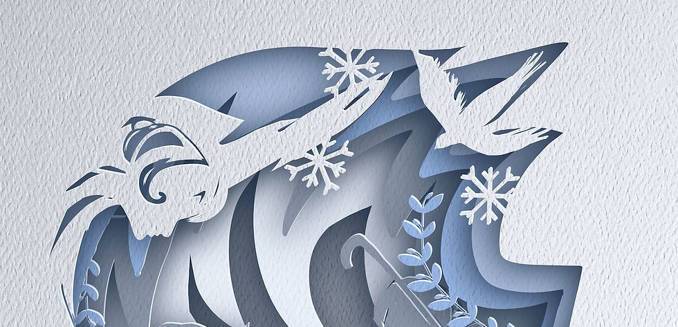 Paper-cut winter scene with snowflakes, bird, and swirling patterns in white and blue. Textured background adds depth. Calm and serene mood.