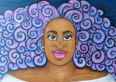 Painting Black woman curly purple hair portrait