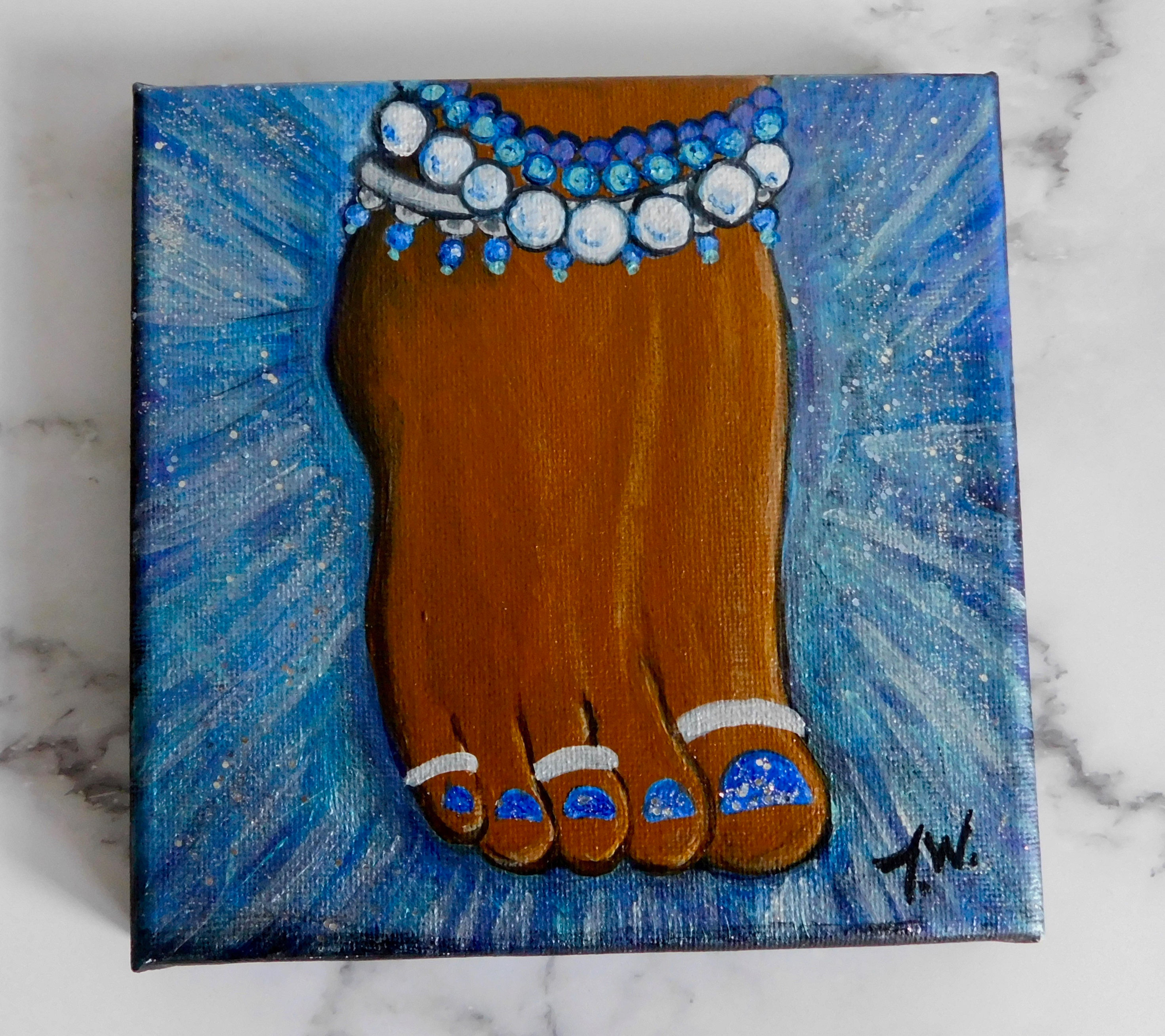 "Anklets and Rings"  6" x 6" stretched canvas glitter painting - Original Art