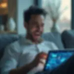 Un homme assis dans un salon moderne, éclatant de rire tout en utilisant une tablette affichant des graphiques et des données. Il semble très enthousiaste et satisfait, symbolisant le succès et la joie dans un contexte professionnel ou technologique