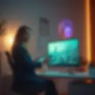 Smiling professional woman in a modern workspace, using a tablet powered by AI tools, with a vibrant cityscape displayed on a large monitor, showcasing innovation, AI-driven technology, and creativity in a dynamic environment